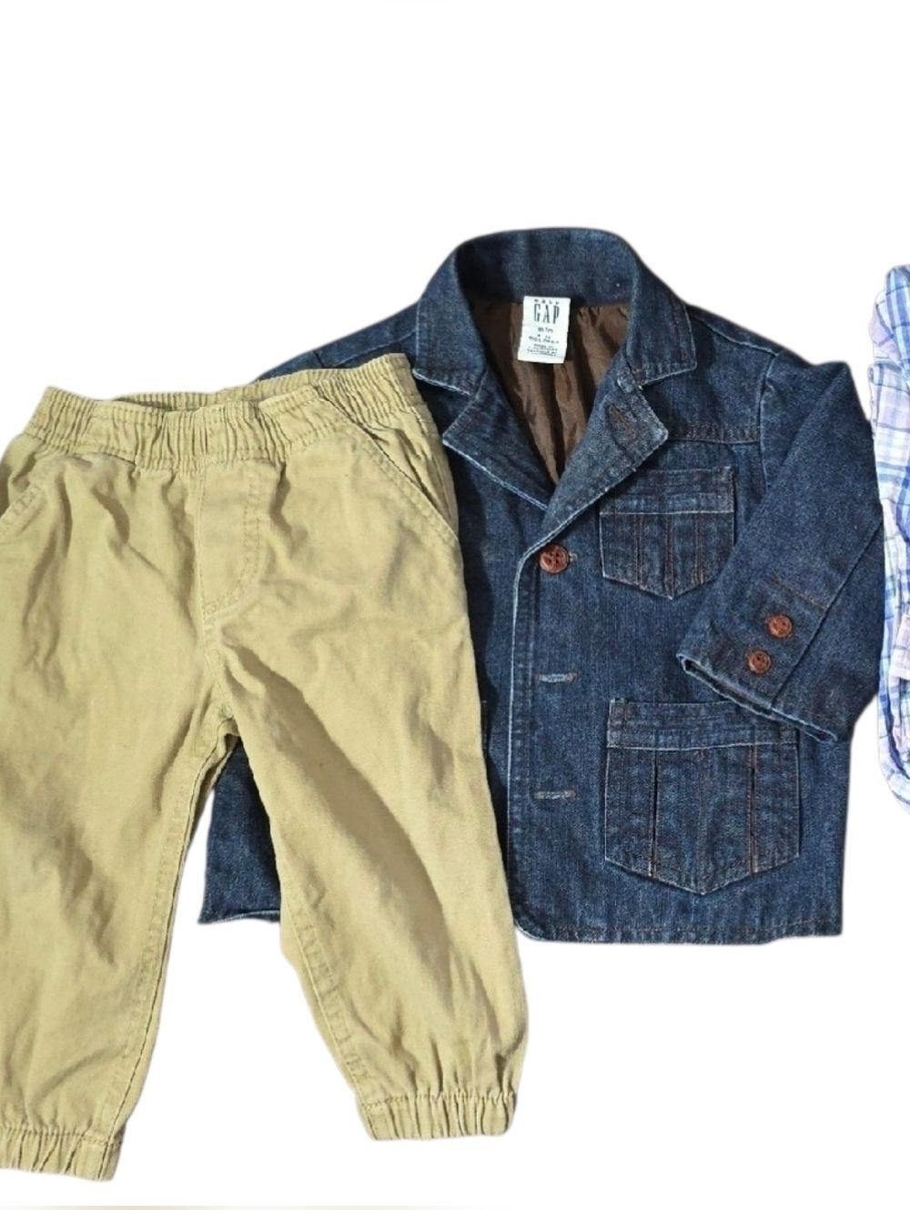 Plaid Button-Up Bodysuit Jean Jacket with Tan Pants